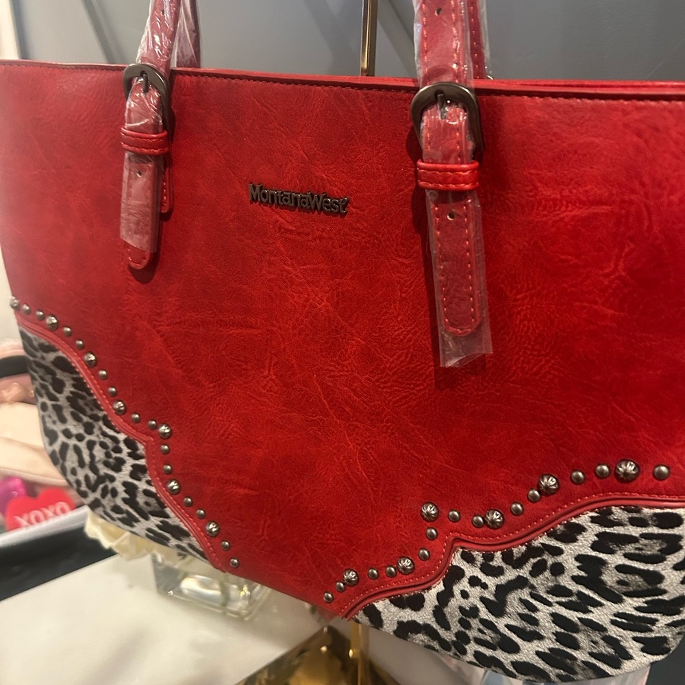 Montana West Red Tote with Leopard Accent and Stud Trim